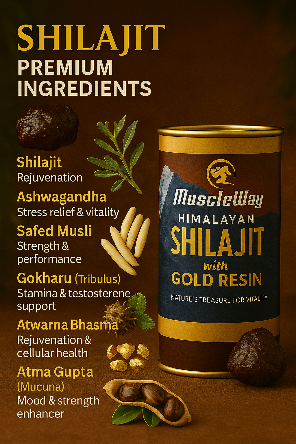 MuscleWay Shilajeet Gold Resin - 20g | with 5 potent herbs | Boost Stamina & Energy | With 24 Carat Gold | 100% Ayurvedic