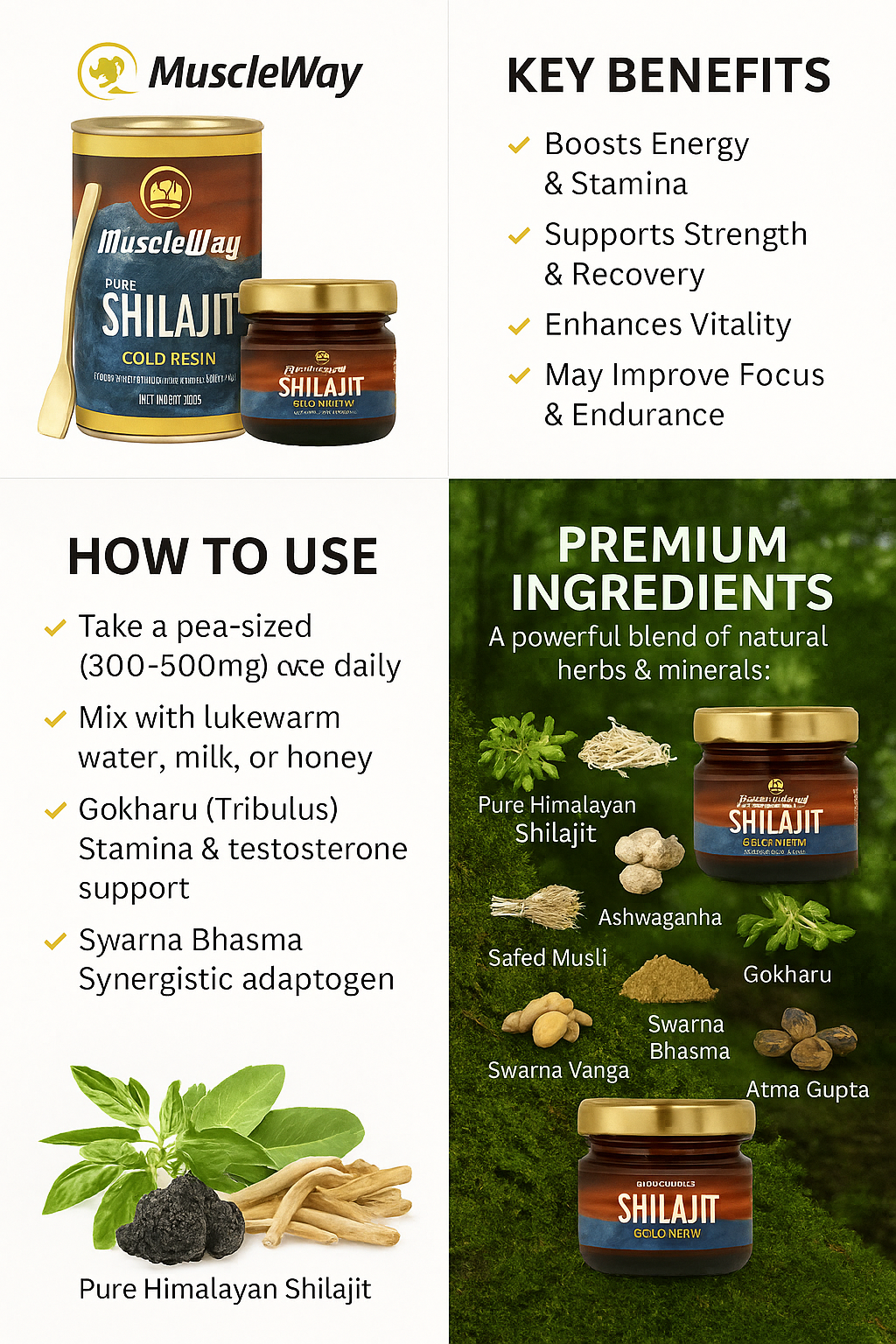 MuscleWay Shilajeet Gold Resin - 20g | with 5 potent herbs | Boost Stamina & Energy | With 24 Carat Gold | 100% Ayurvedic