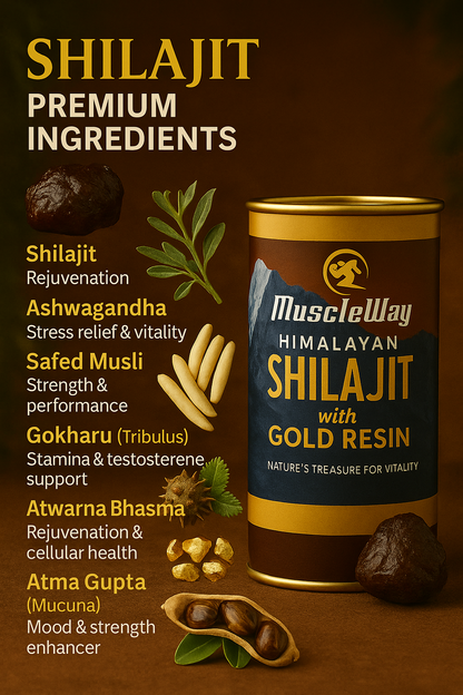 MuscleWay Shilajeet Gold Resin - 20g | with 5 potent herbs | Boost Stamina & Energy | With 24 Carat Gold | 100% Ayurvedic